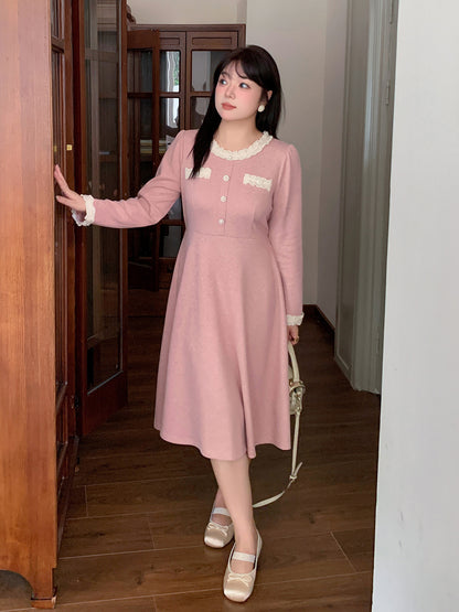 大きいサイズ レディース ラウンドネックレースニットワンピース LL 3L 4L 5L