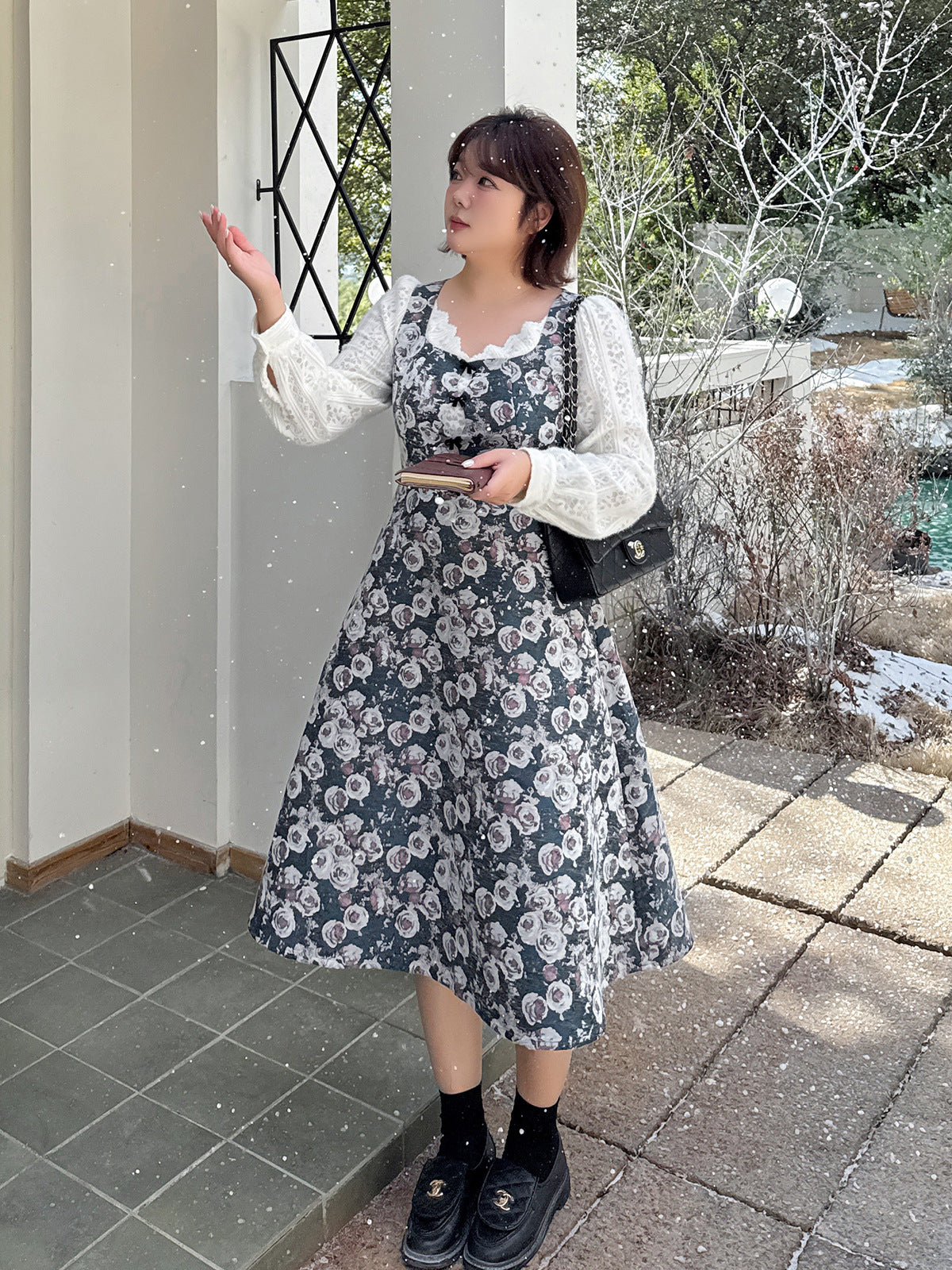 大きいサイズ レディース フレンチレースジャカードパッチワーク花柄ワンピース LL 3L 4L 5L