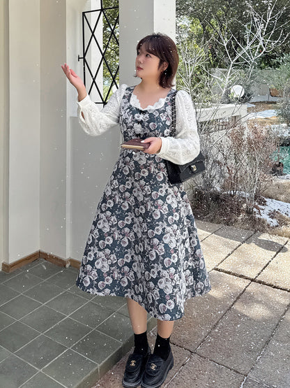 大きいサイズ レディース フレンチレースジャカードパッチワーク花柄ワンピース LL 3L 4L 5L