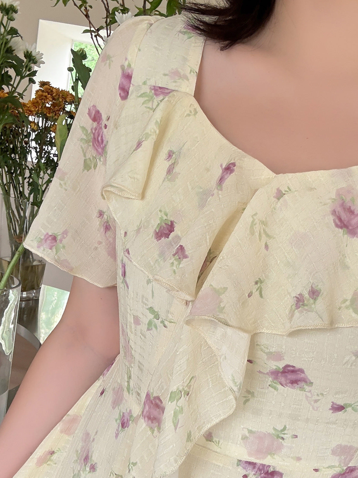 大きいサイズ レディース フレンチフリル花柄プリントワンピース LL 3L 4L 5L