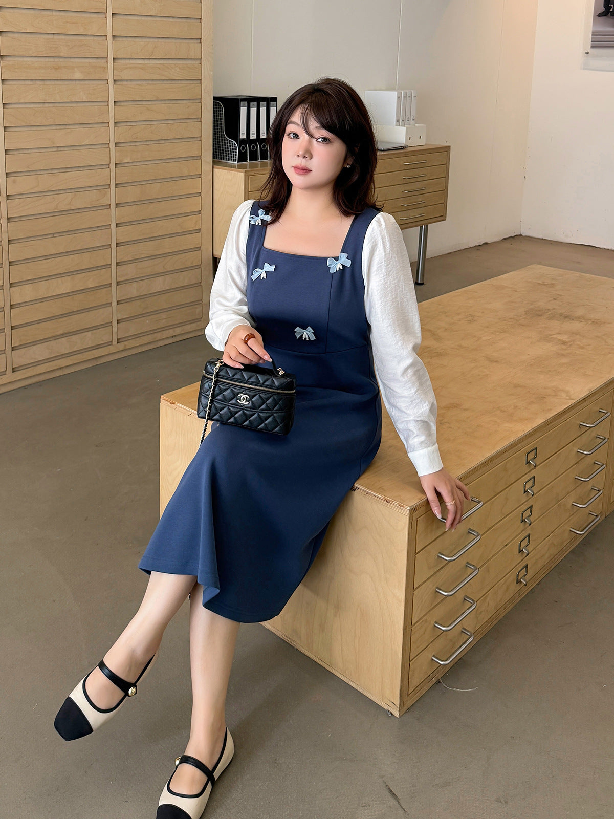大きいサイズ レディース リボン付きスクエアネックドッキングワンピース LL 3L 4L 5L