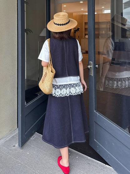 大きいサイズ レディース セットアップ（フェイクデニムステッチベスト＋スカート） LL 3L 4L 5L