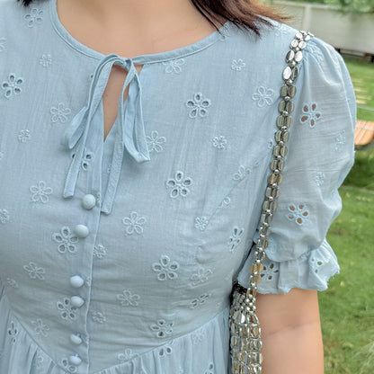 大きいサイズ レディース リボン花柄中空刺繍コットンフレンチワンピース LL 3L 4L 5L