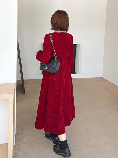 大きいサイズ レディース スクエアネックリボンビーズスパンコールベルベットワンピース LL 3L 4L 5L