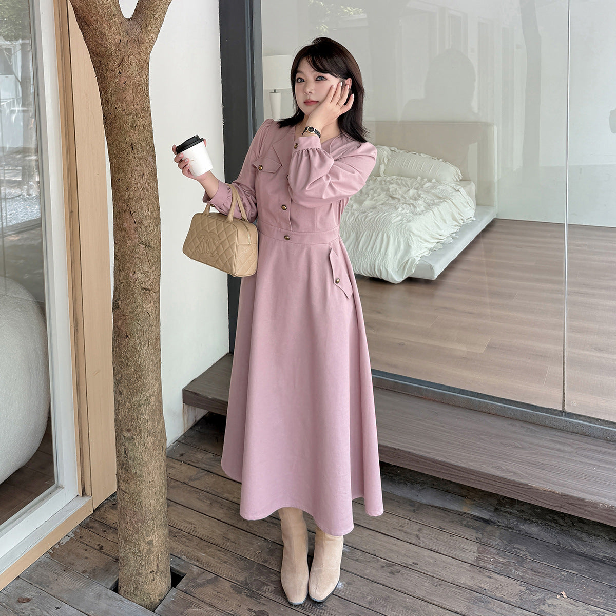大きいサイズ レディース Vネックラペルボタンフレンチワンピース LL 3L 4L 5L