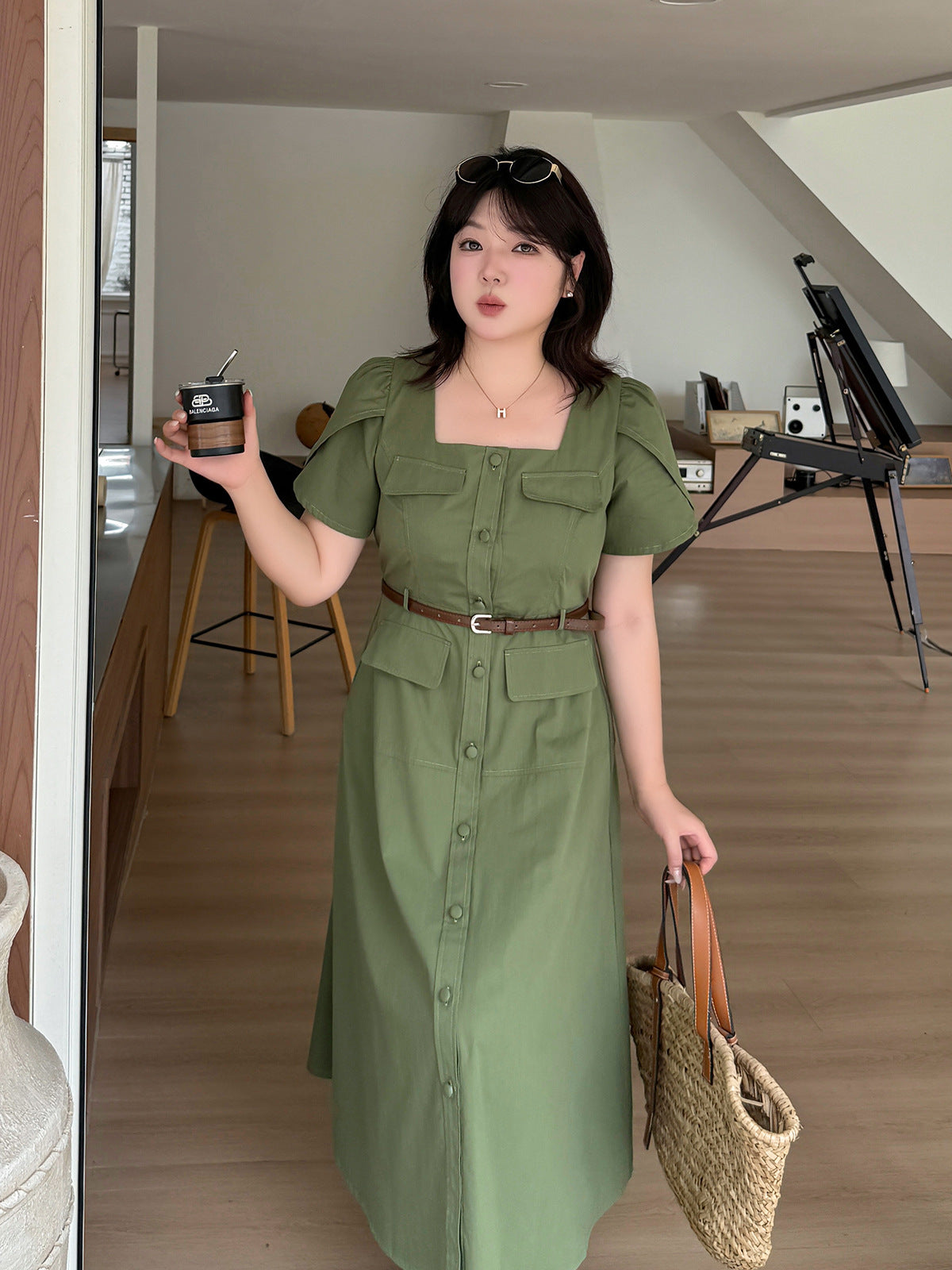 大きいサイズ レディース ワークポケットスクエアネックワンピース LL 3L 4L 5L
