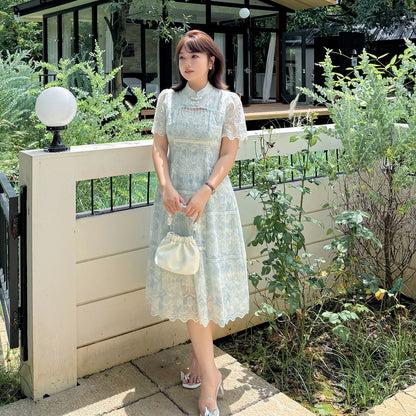大きいサイズ レディース チャイナ風ビーズラグジュアリー花柄刺繍ワンピース LL 3L 4L 5L
