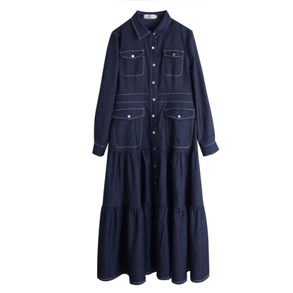 大きいサイズ レディース フリル厚手デニムシャツロングワンピース LL 3L 4L 5L