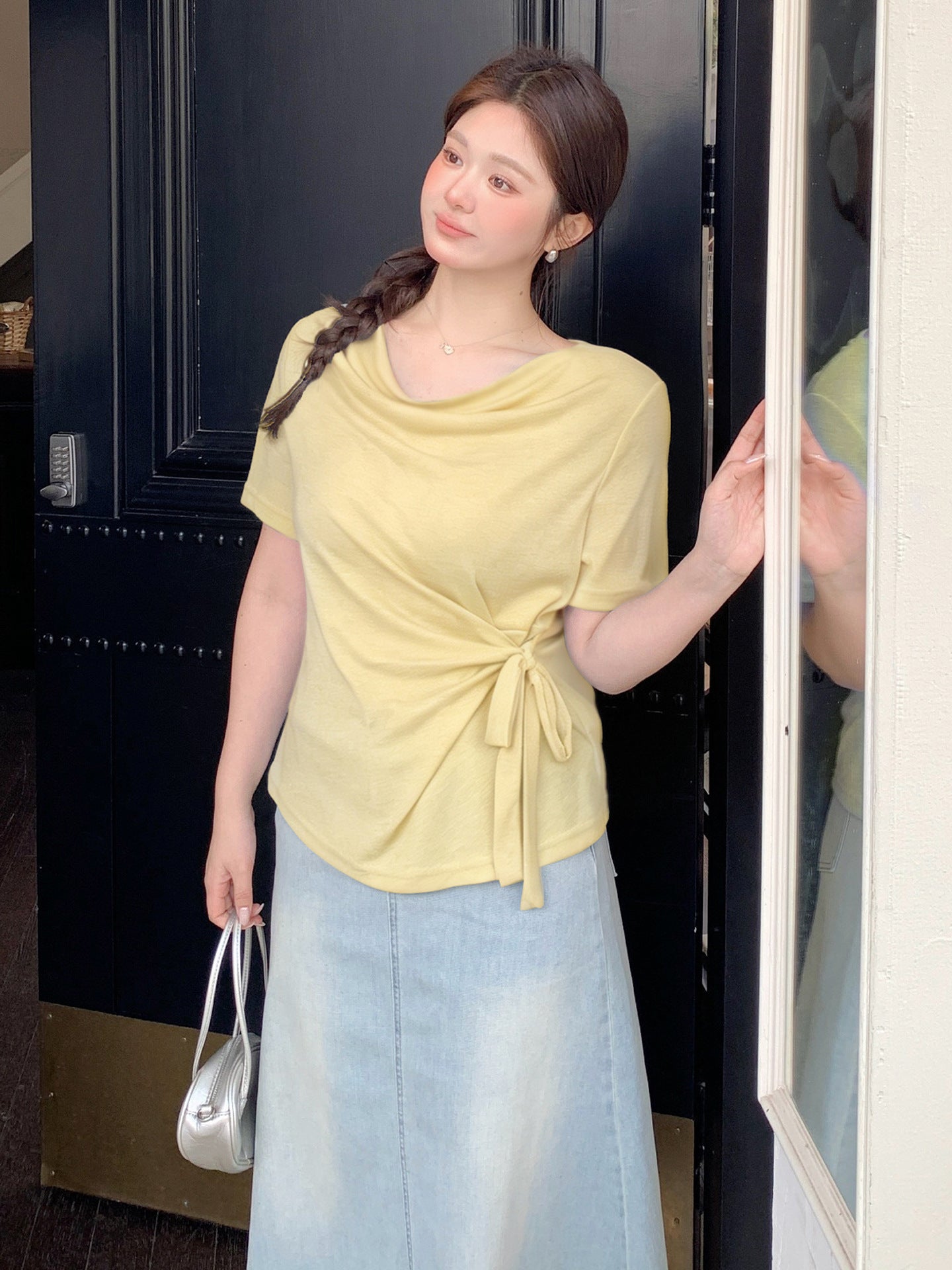 大きいサイズ レディース カウルネックラインウエストタイ半袖トップス LL 3L 4L 5L