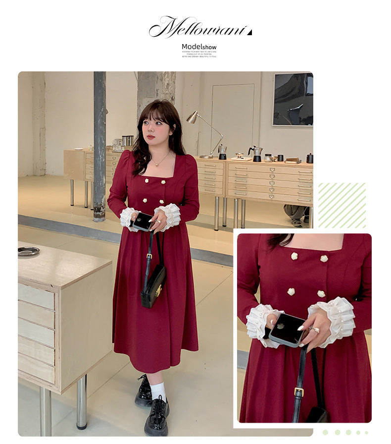 大きいサイズ レディース ダブルブレストのスクエアネックワンピース LL 3L 4L 5L