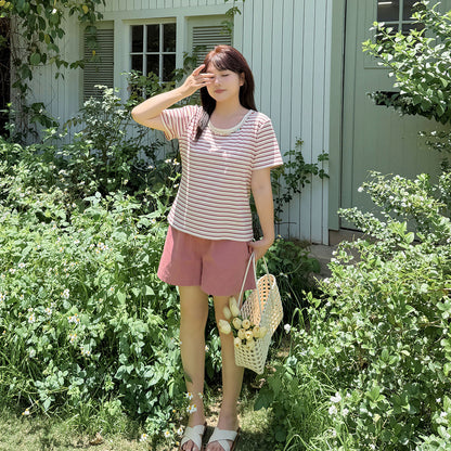 大きいサイズ レディース クルーネックストーン飾りストライプ半袖Tシャツ LL 3L 4L 5L