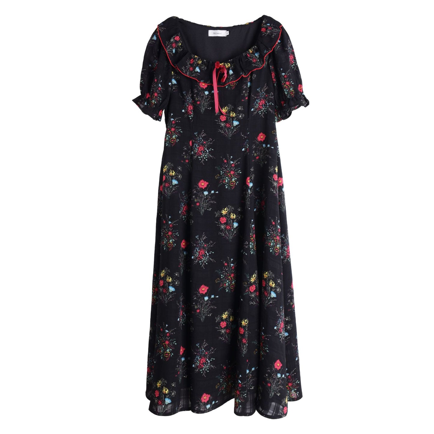 大きいサイズ レディース リボンフリル花柄プリントバブルスリーブワンピース LL 3L 4L 5L