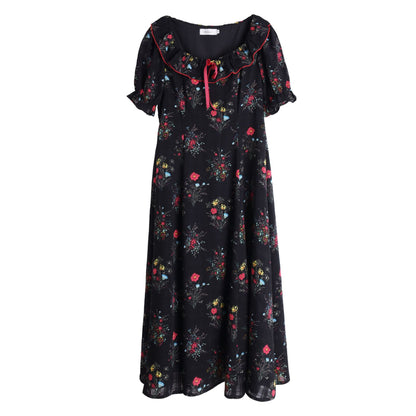 大きいサイズ レディース リボンフリル花柄プリントバブルスリーブワンピース LL 3L 4L 5L