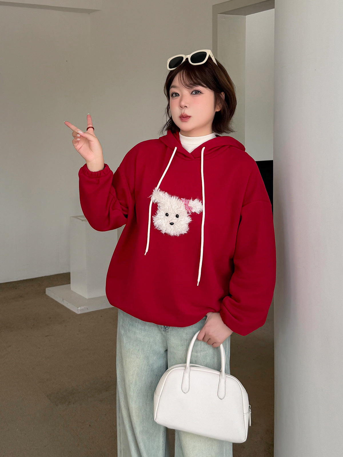 大きいサイズ レディース ふわふわ小犬厚手ニットスウェットパーカー LL 3L 4L 5L