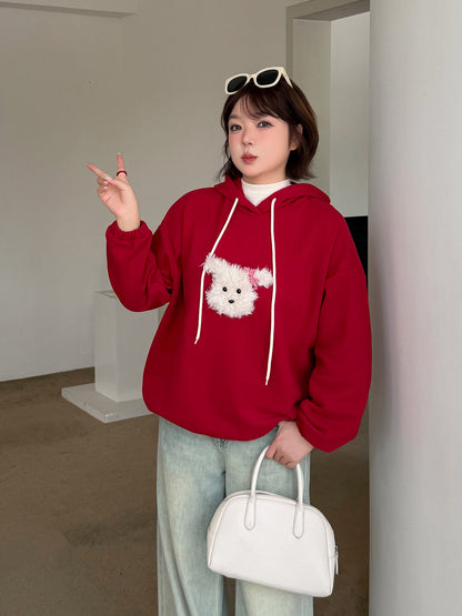 大きいサイズ レディース ふわふわ小犬厚手ニットスウェットパーカー LL 3L 4L 5L