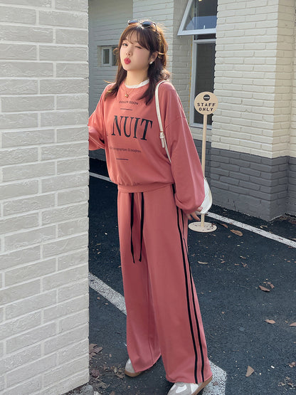 大きいサイズ レディース プリントスウェットシャツ+ワイドパンツセット LL 3L 4L 5L