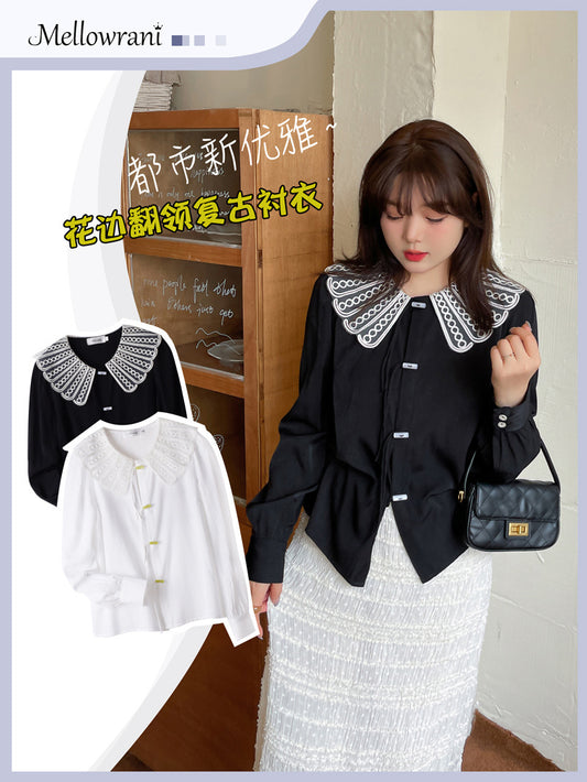 大きいサイズ レディース レースカラーのラウンドネックブラウス LL 3L 4L 5L