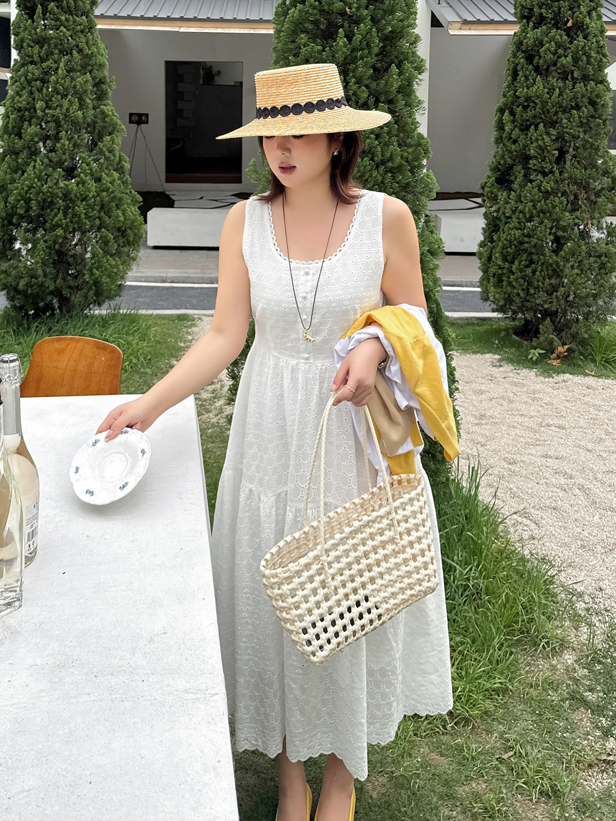 大きいサイズ レディース ホワイトノースリーブレースティアードワンピース LL 3L 4L 5L