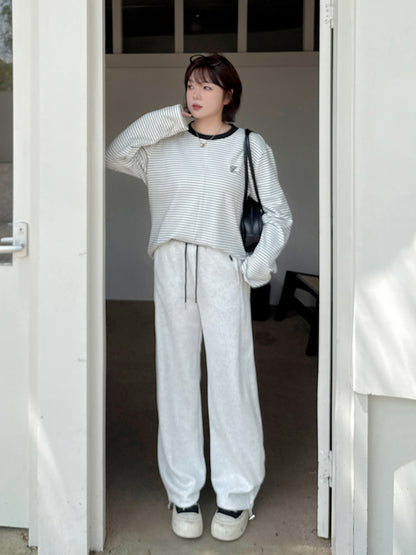 大きいサイズ レディース ニットコントラストウエストバンドストレートカジュアルパンツ LL 3L 4L 5L