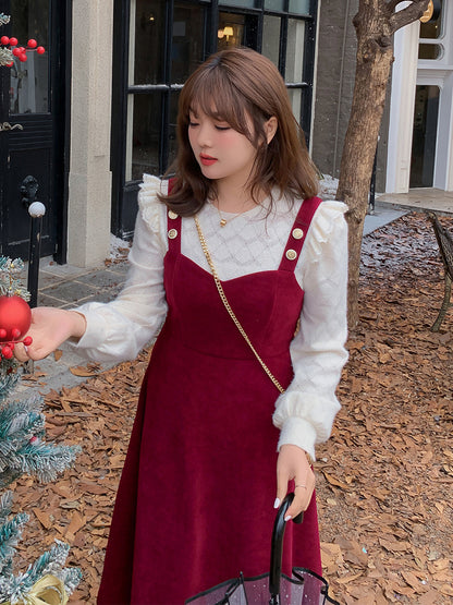 大きいサイズ レディース コーデュロイのレトロワンピース+フリルパフスリーブブラウス LL 3L 4L 5L