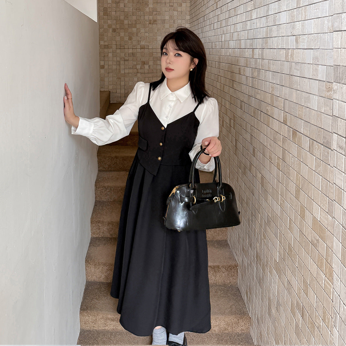 大きいサイズ レディース フェイクツーピースアシンメトリーサスペンダーワンピース LL 3L 4L 5L
