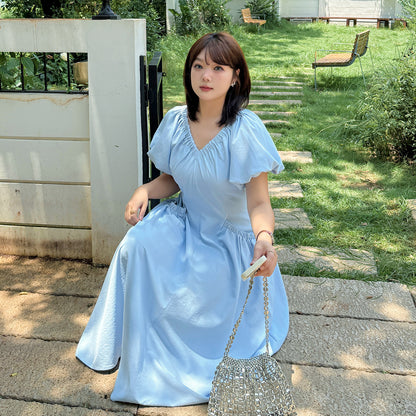 大きいサイズ レディース Vネックバックリボンギャザーワンピース LL 3L 4L 5L