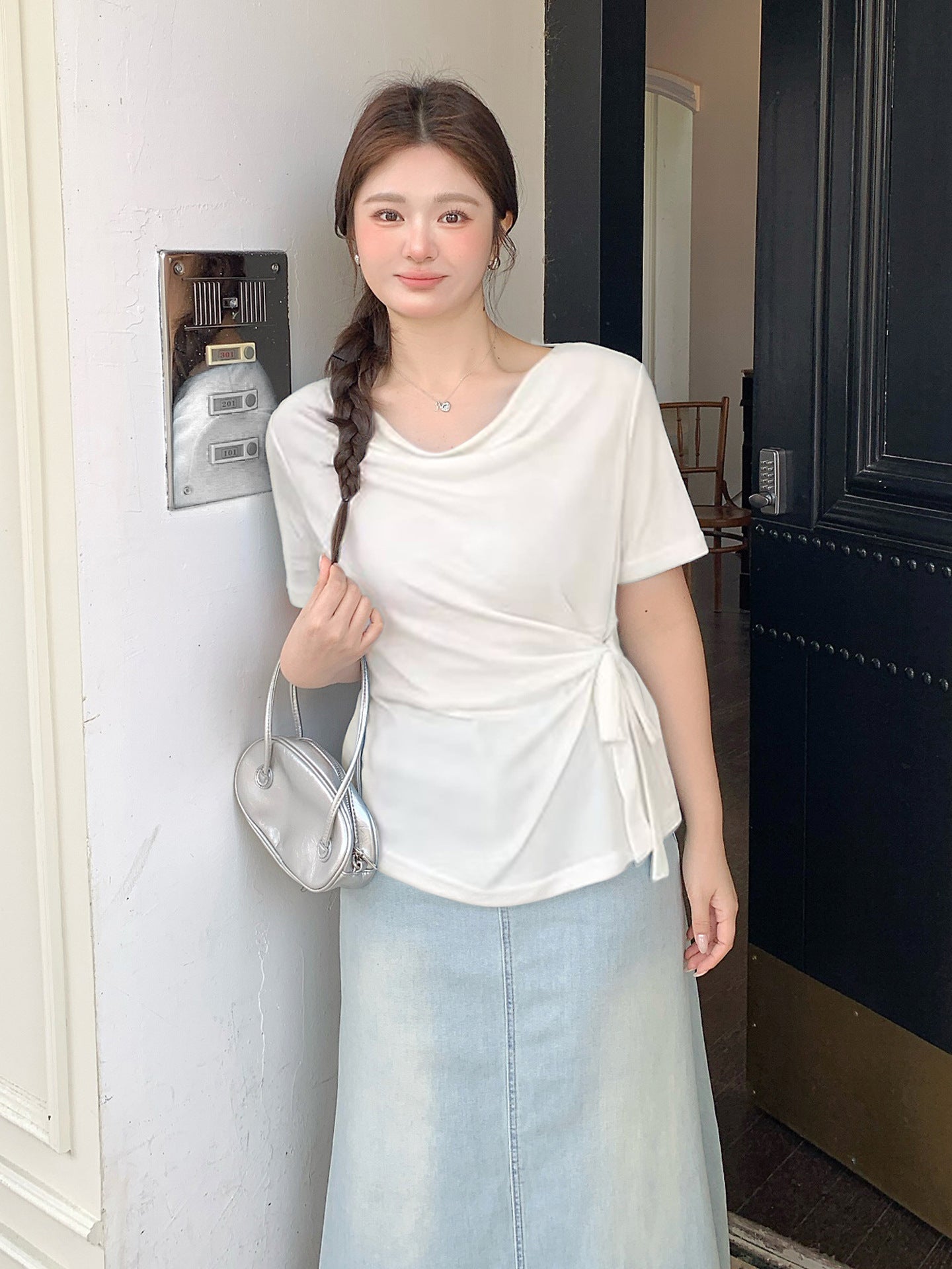 大きいサイズ レディース カウルネックラインウエストタイ半袖トップス LL 3L 4L 5L