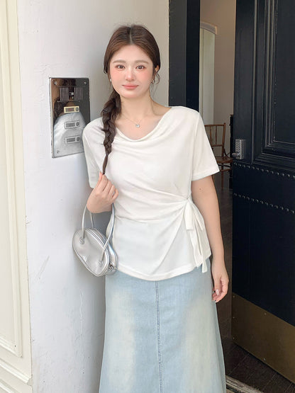 大きいサイズ レディース カウルネックラインウエストタイ半袖トップス LL 3L 4L 5L