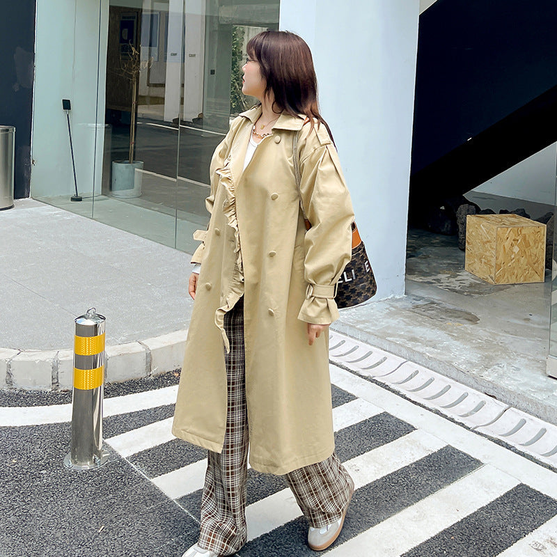 大きいサイズ レディース フリルラペルダブルブレストベルト付きロングトレンチコート LL 3L 4L 5L