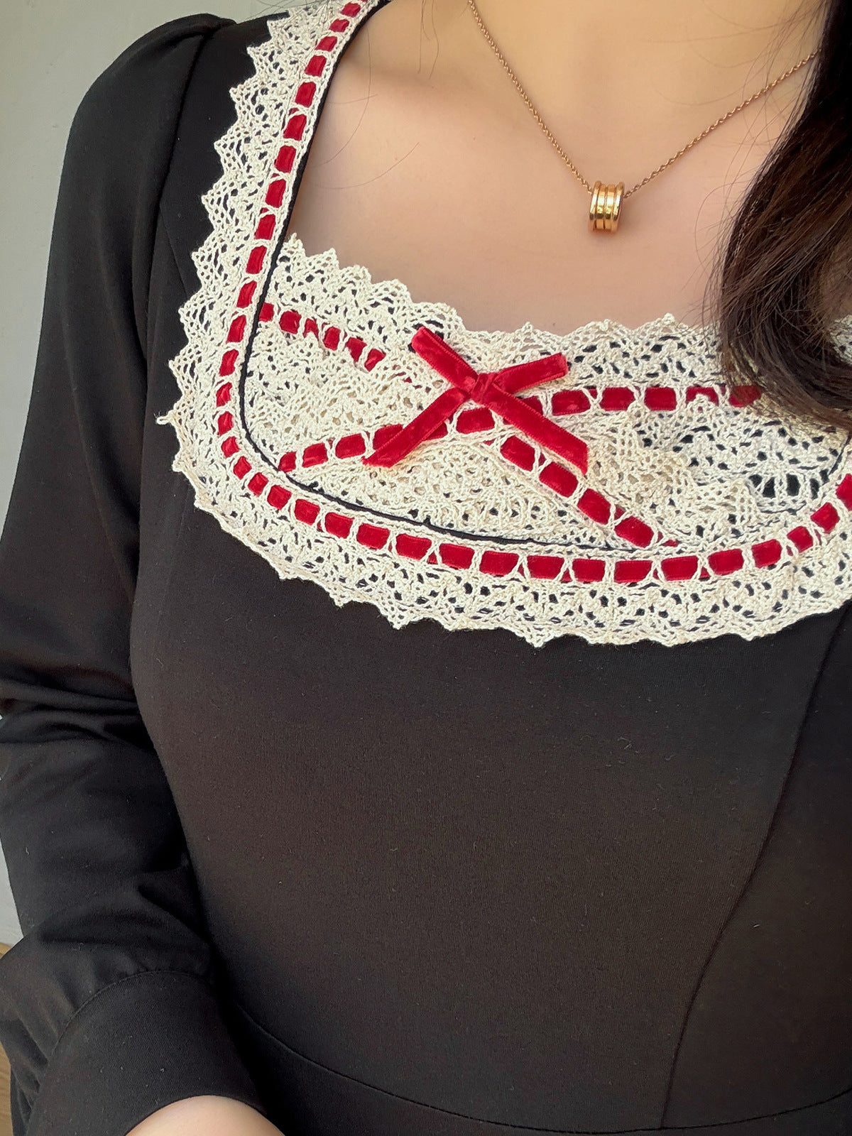 大きいサイズ レディース スクエアネックリボンレースワンピース LL 3L 4L 5L