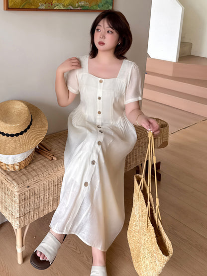 大きいサイズ レディース スクエアネック木目フラワーボタンマキシワンピース LL 3L 4L 5L