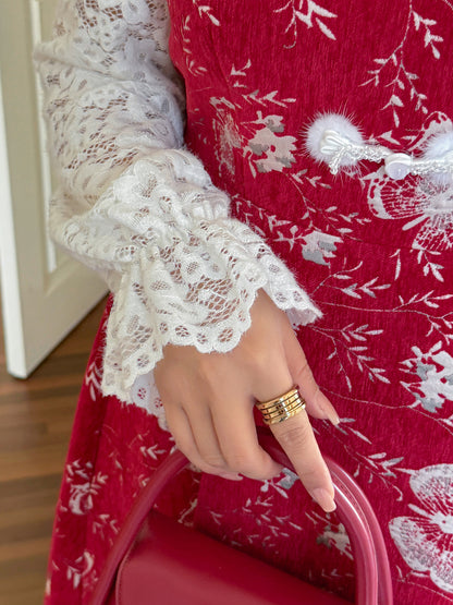 大きいサイズ レディース フェイクツーピースバタフライ刺繍レースワンピース LL 3L 4L 5L