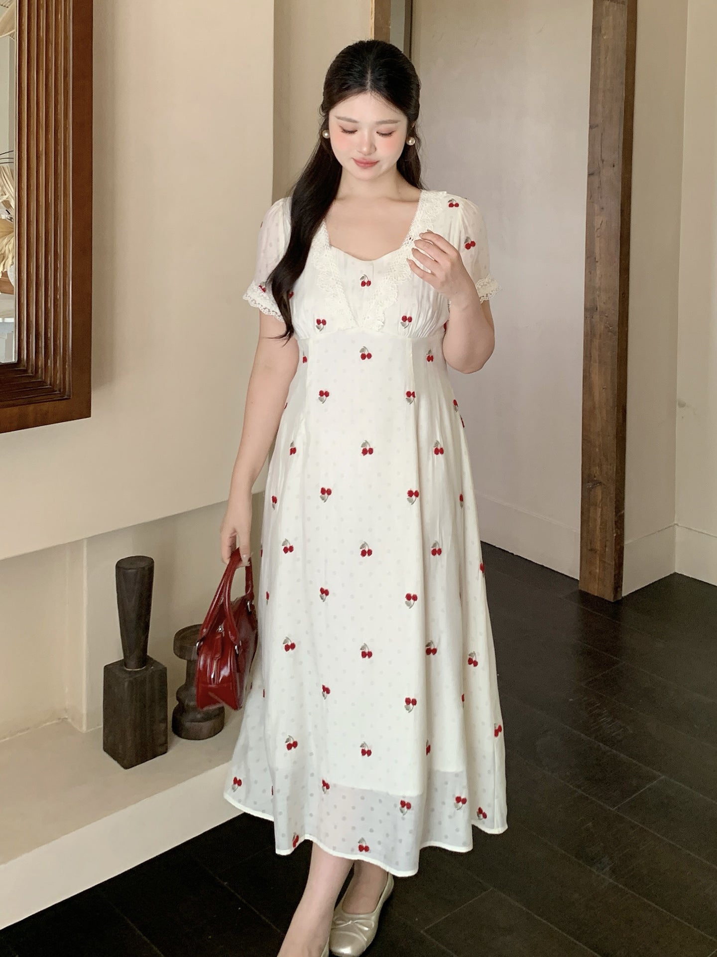 大きいサイズ レディース チェリー刺繍レースネックフレアワンピース LL 3L 4L 5L 6L