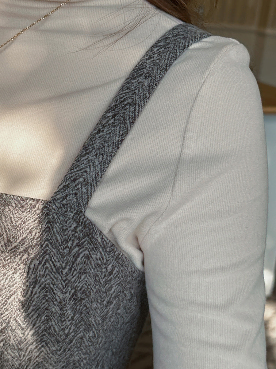 大きいサイズ レディース ハイネックインナーシャツ+サスペンダーワンピース2点セット LL 3L 4L 5L 6L