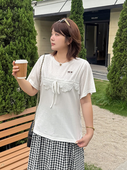 大きいサイズ レディース フェイクレイヤードレースリボンTシャツ LL 3L 4L 5L