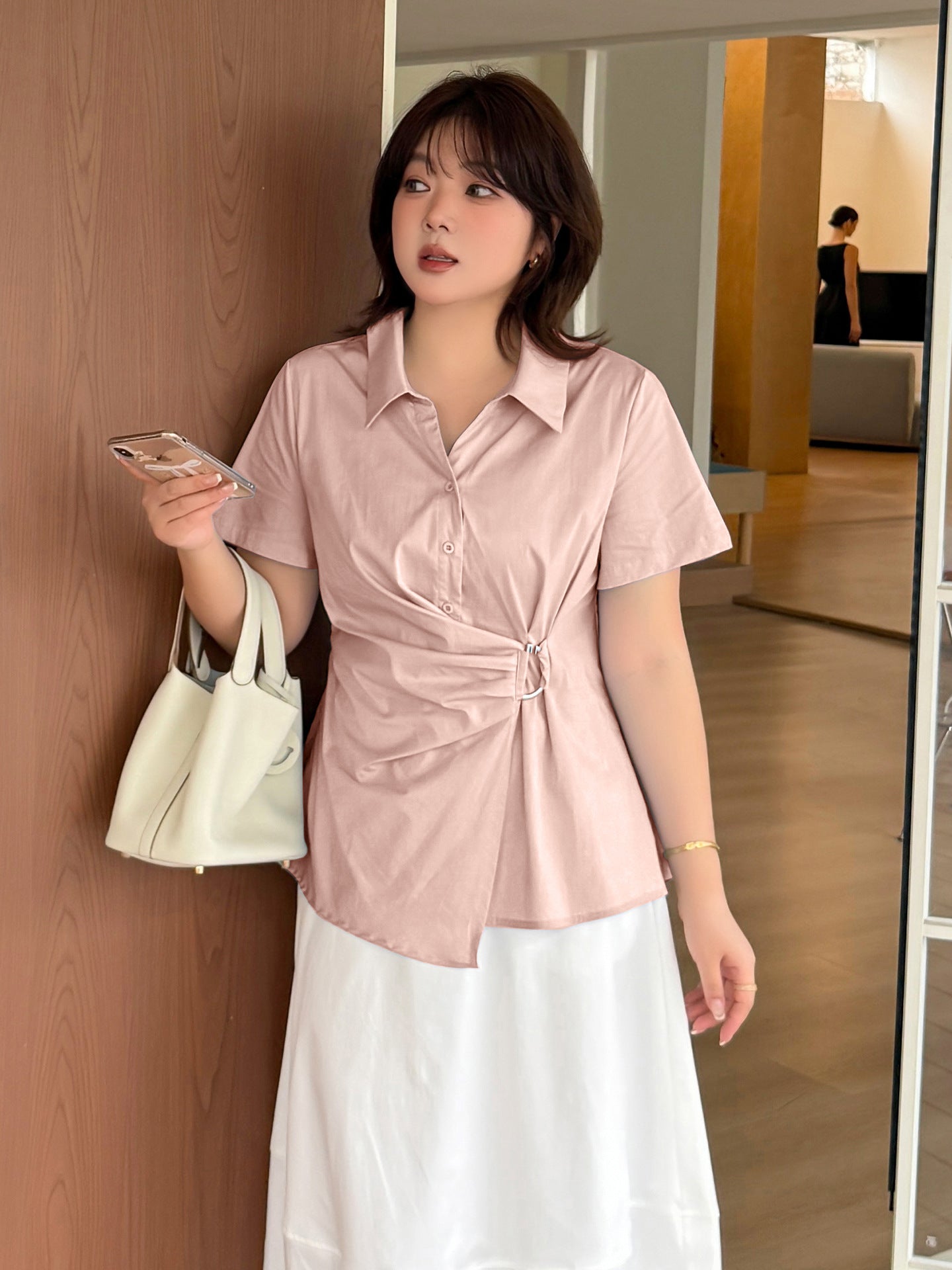 大きいサイズ レディース サイドリングバックル半袖カラーシャツ LL 3L 4L 5L 6L