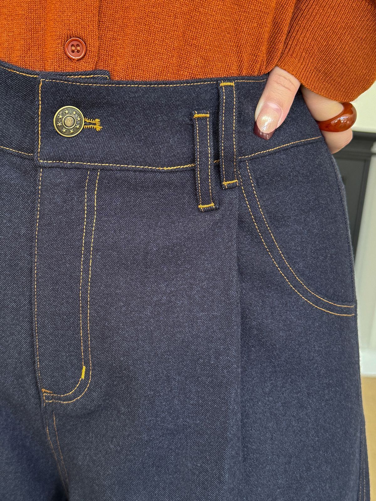 大きいサイズ レディース デニム風プリーツストレートワイドレッグパンツ LL 3L 4L 5L