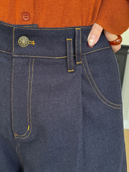 大きいサイズ レディース デニム風プリーツストレートワイドレッグパンツ LL 3L 4L 5L