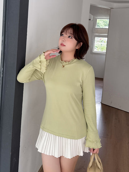 大きいサイズ レディース フリルネックスリムフィット長袖トップス LL 3L 4L 5L