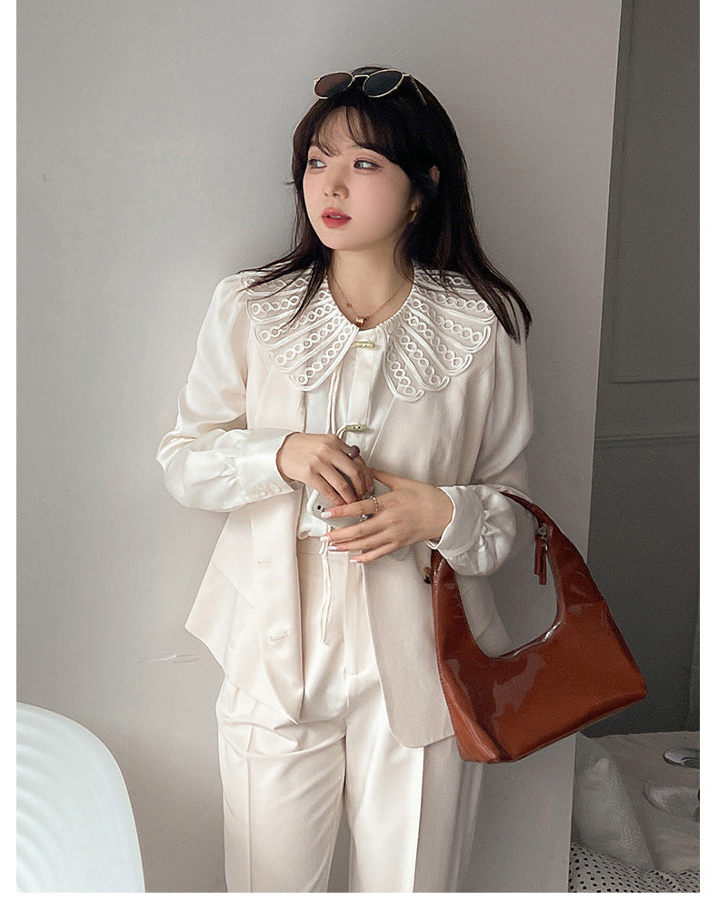 大きいサイズ レディース レースカラーのラウンドネックブラウス LL 3L 4L 5L