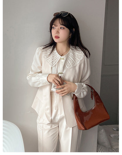 大きいサイズ レディース レースカラーのラウンドネックブラウス LL 3L 4L 5L