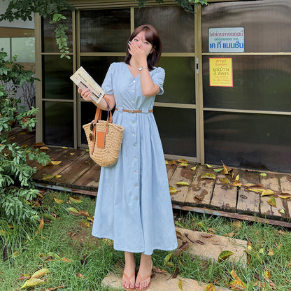 大きいサイズ レディース  Vネックボタンダウンフレンチベルトコットンワンピース LL 3L 4L 5L