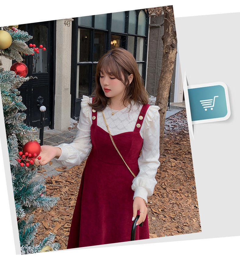 大きいサイズ レディース コーデュロイのレトロワンピース+フリルパフスリーブブラウス LL 3L 4L 5L