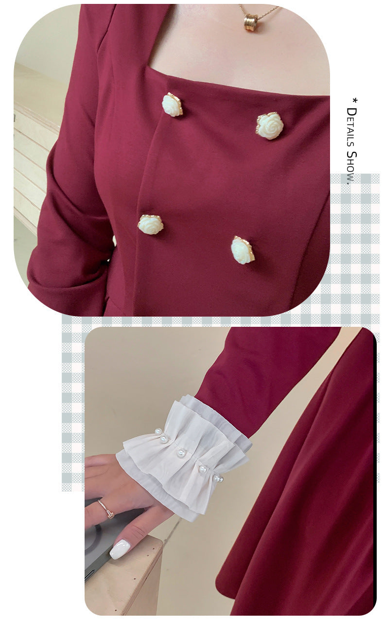 大きいサイズ レディース ダブルブレストのスクエアネックワンピース LL 3L 4L 5L