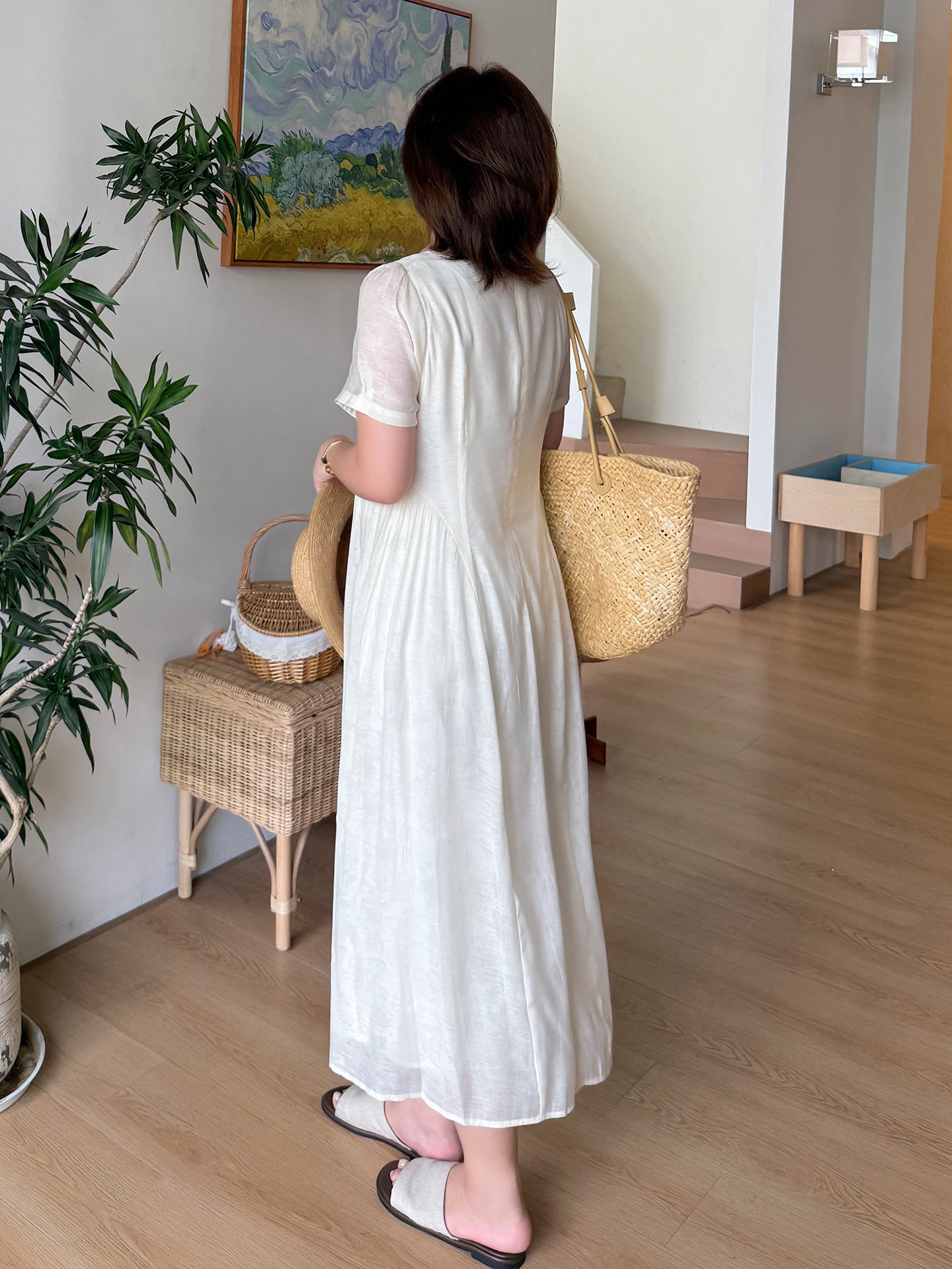 大きいサイズ レディース スクエアネック木目フラワーボタンマキシワンピース LL 3L 4L 5L