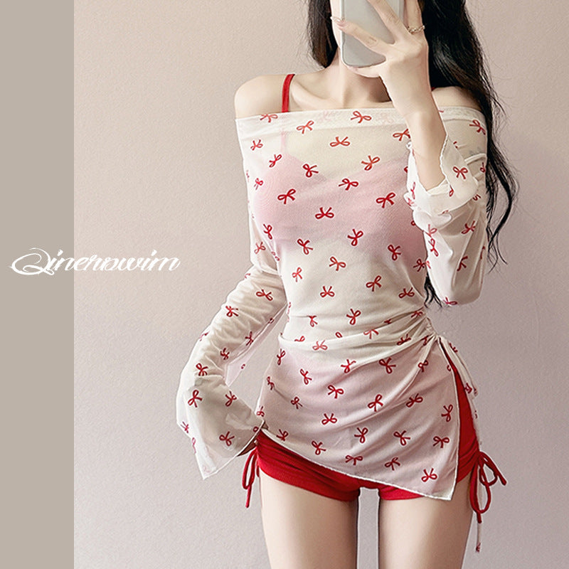 大きいサイズ レディース リボン柄シアートップス付きハイウエストセット水着 LL 3L 4L