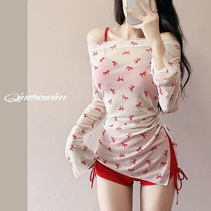 大きいサイズ レディース リボン柄シアートップス付きハイウエストセット水着 LL 3L 4L
