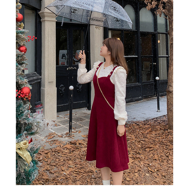 大きいサイズ レディース コーデュロイのレトロワンピース+フリルパフスリーブブラウス LL 3L 4L 5L