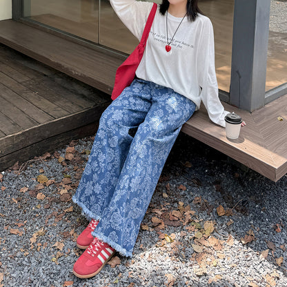 大きいサイズ レディース ヴィンテージ風ジャカードデニムワイドレッグパンツ LL 3L 4L 5L