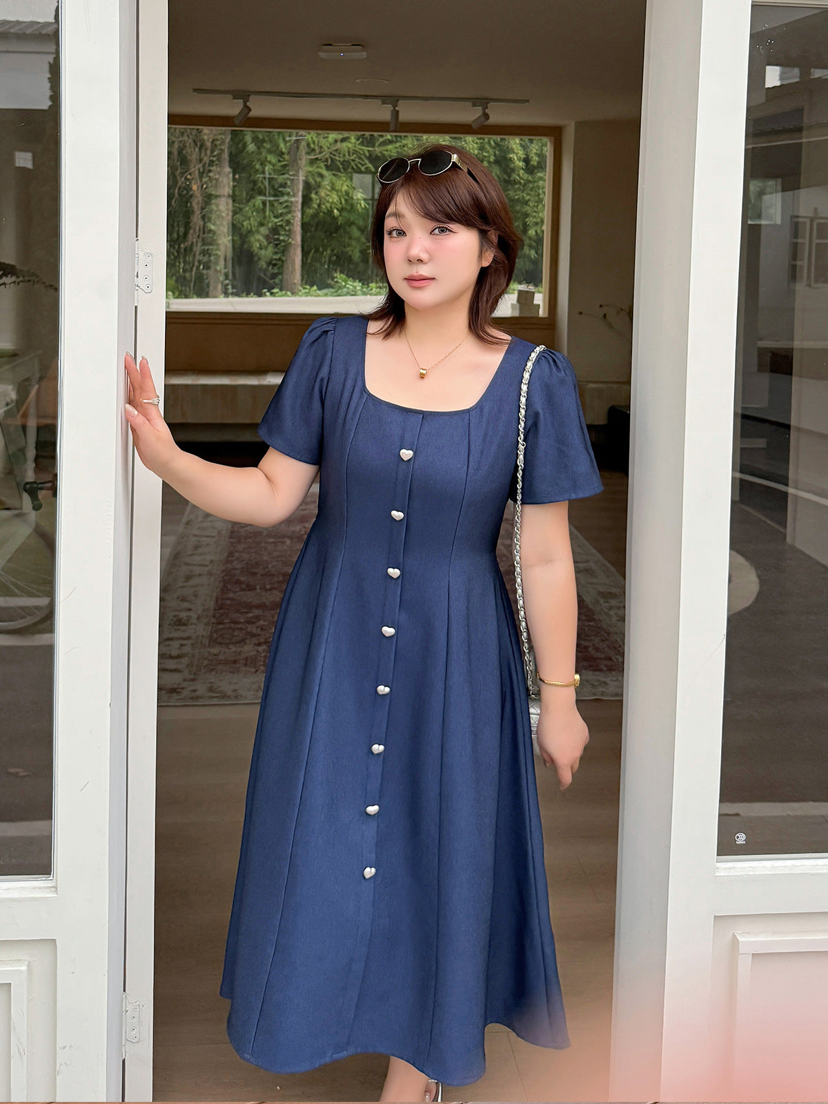 大きいサイズ レディース スクエアネックハートボタンワンピース LL 3L 4L 5L